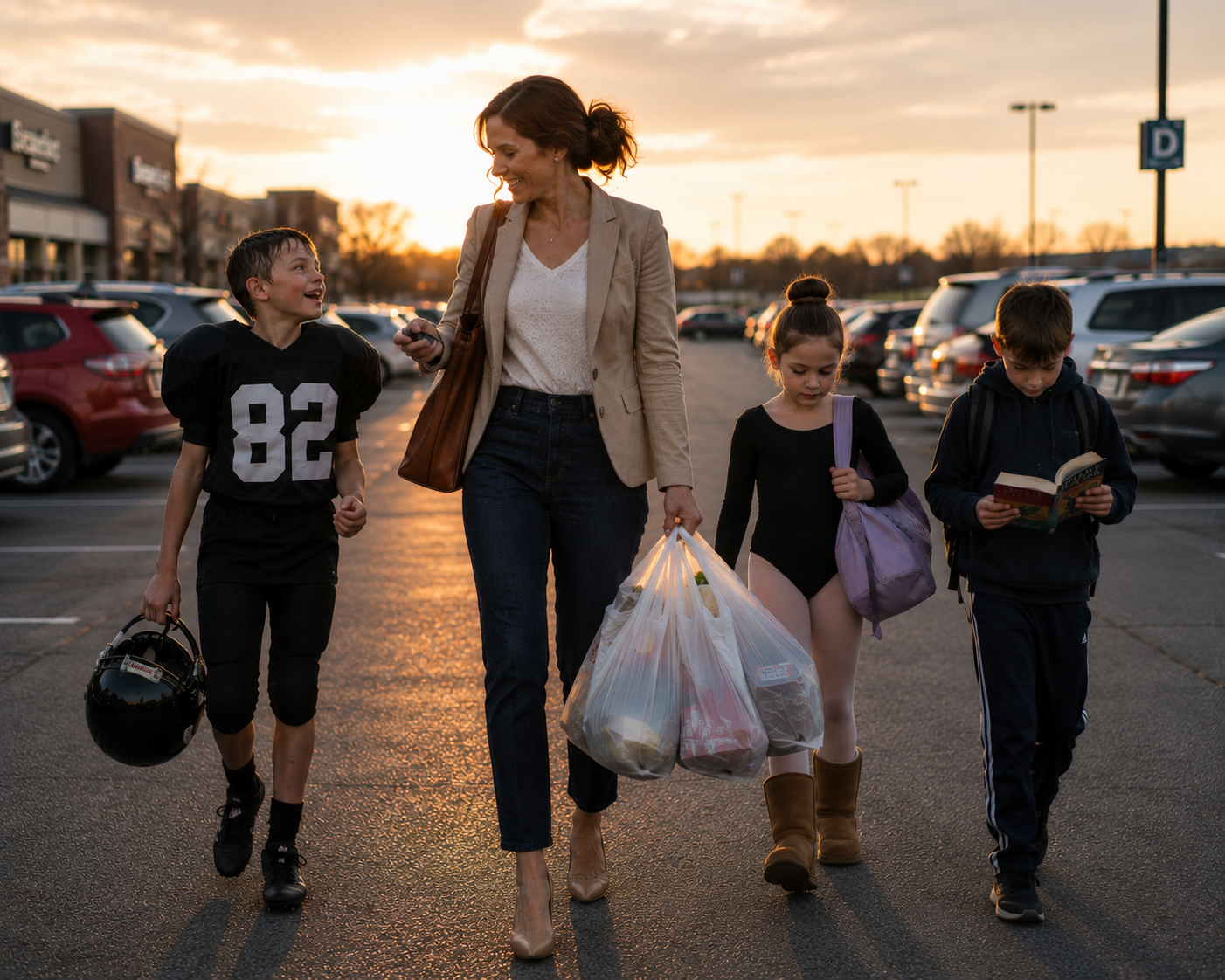 A mother walking through a sunlit city street at golden hour